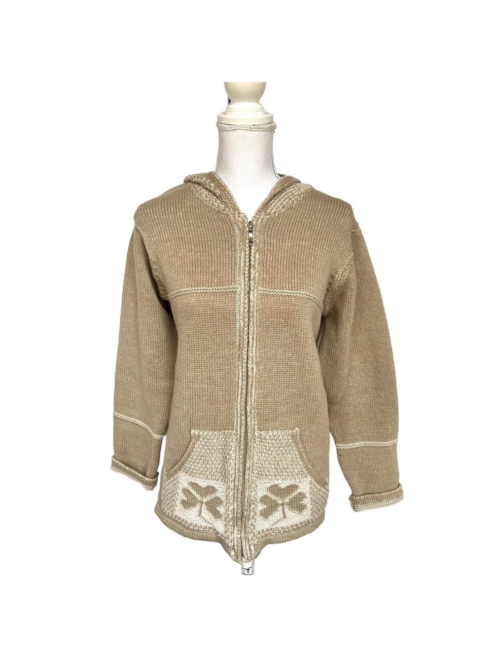 Aran Crafts Beige Merino Wool Zip-Up Cardigan